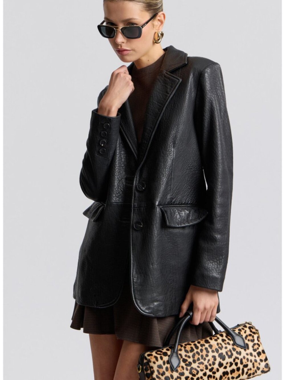 New Avec Les Filles Relaxed Genuine Leather Blazer Black XS $498